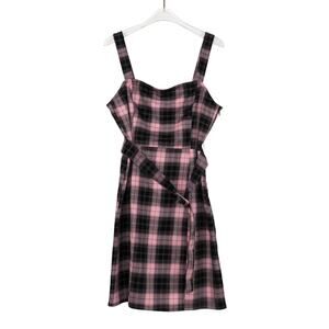 H&M Divided Pink Black Plaid Square Neck Mini Dress With Built-In Belt Small